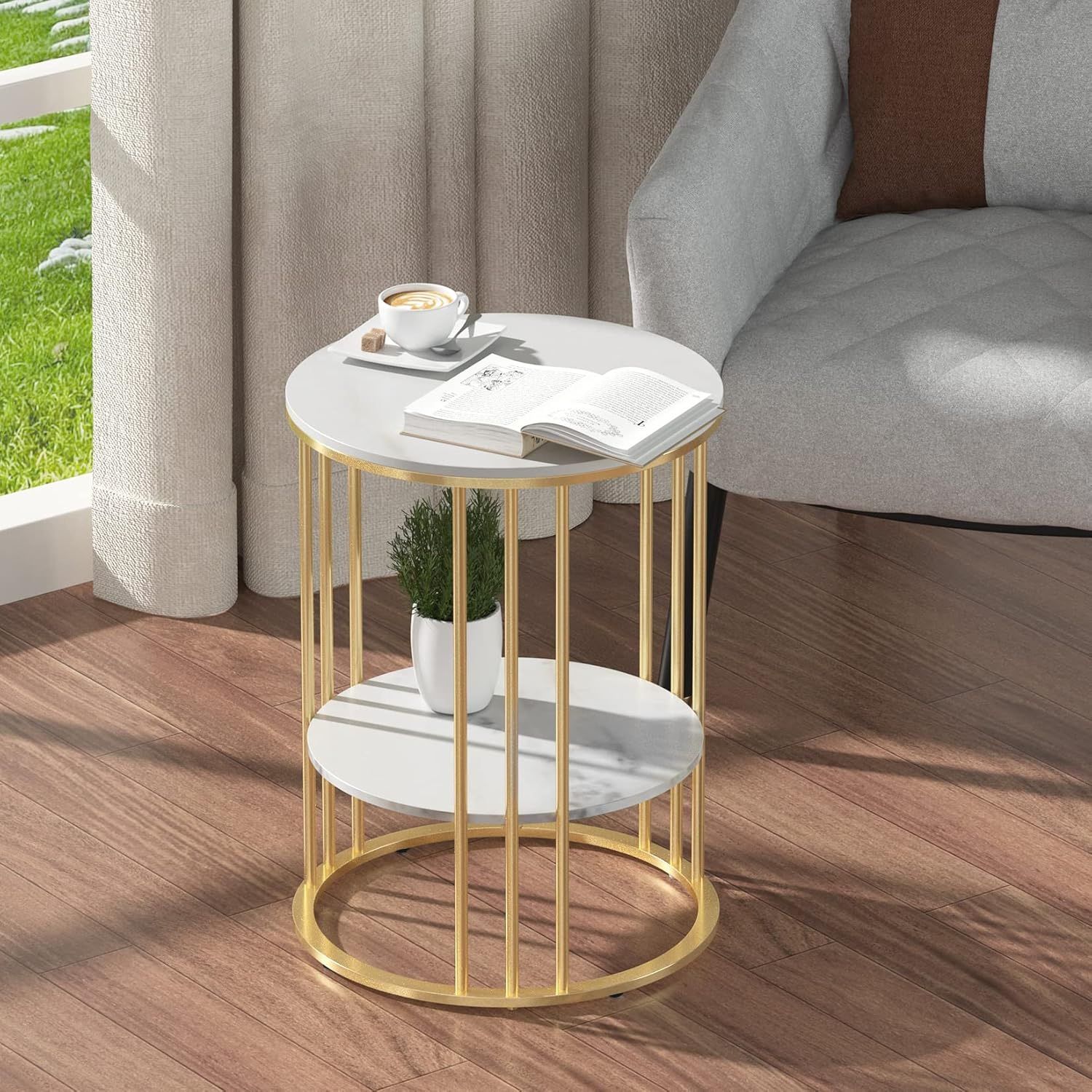 Sintered Stone End Table: 2 Tier Round White Sofa Side Table - Small Coffee Table with Golden Frame - Modern Bedside Nightstand for Living Room Bedroo
