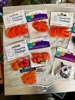 Halloween Fall Pumpkin Spider Black Orange White Button & Embellishment Lot of 9 packs Themes include Halloween pumpkins, spiders, skulls, autumn ha