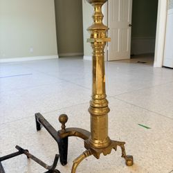 Antique Harvin Co. Solid Brass Fireplace Andirons & Cast Iron Log Grate – Complete Set