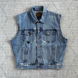 Vintage Route 66 Men’s Blue Denim Jean Wrangler Button Up Vest Jacket LARGE