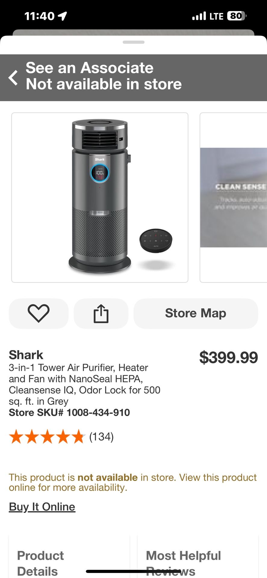 Shark 3-in-1 Tower Air Purifier, Heater and Fan with NanoSeal HEPA, Cleansense IQ, Odor Lock for 500 sq. ft. in Grey