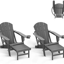 Folding Adirondack Chair Set of 2 with Ottoman, HDPE Poolside Chairs with Cup Holders & Footrest, Gray