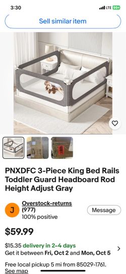 PNXDFC 3-Piece King Bed Rails Toddler Guard Headboard Rod Height Adjust Gray