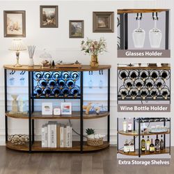 New Wine Rack Table with Plug and LED Light, Floor Bar Cabinet for Liquor and Glasses, Wooden Coffee Bar Cabinet with Adjustable Wine Rack, Freestandi