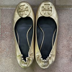 Designer Tory Burch Metallic Gold Round Toe Ballet Flats