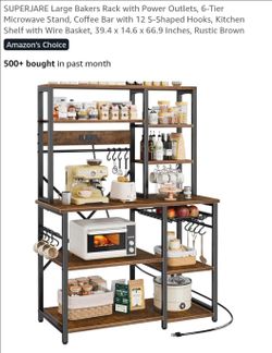 Large Bakers Rack with Power Outlets, 6-Tier Microwave Stand, Coffee Bar with 12 S-Shaped Hooks, Kitchen Shelf with Wire Basket, 39.4 x 14.6 x 66.9 In