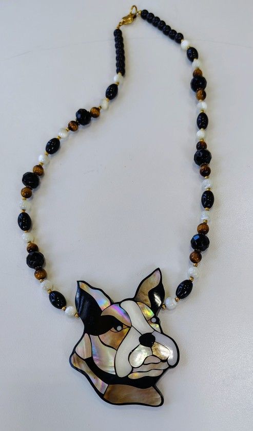 Lee Sands hand made French Bulldog beaded necklace. Bulldog pendan