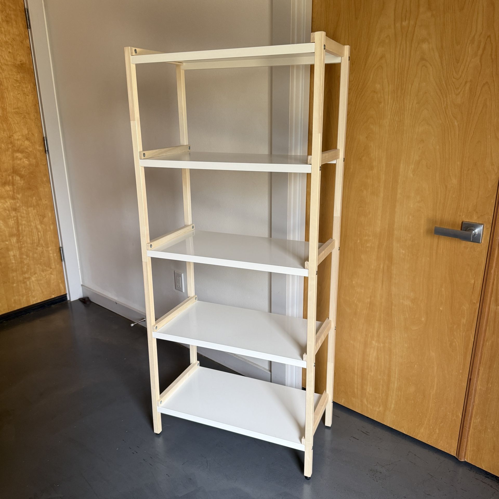 IKEA EKENABBEN Open shelf unit, solid wood - aspen and white metal, 60 5/8" H x 27 1/2" D x 13 5/8"