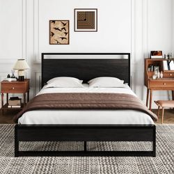 Full Platform Bed Frame with Wooden Headboard and 13 Strong Steel Slats Support, Black Oak