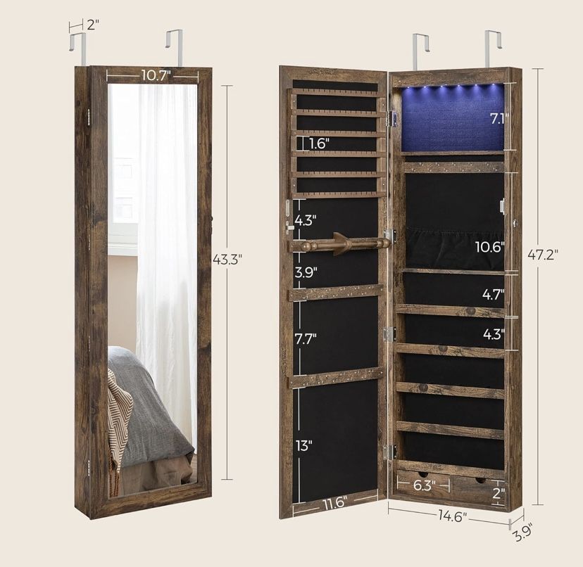 6 LEDs Mirror Jewelry Tall Lockable Wall or Door Mounted Jewelry Armoire Organizer