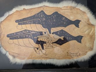 Framed Alaska Native Whale Art on Rabbit Hide