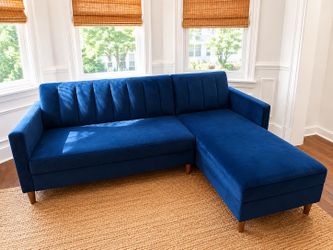 Navy Velvet Futon Sectional with Storage (like new)