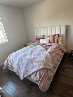 West Elm REM Andes Queen One Box Bed in white upholstery.