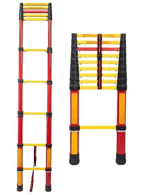 Compact Non Conductive Telescoping Ladder Commercial Grade 4m Long Fiberglass Extension Telescopic Ladders for Outdoor Electrical Work. Yellow Color