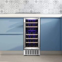 15 Inch Beverage Refrigerator Under Counter Built-in Wine Cooler Mini Fridge Clear Glass Door Digital Memory Temperature Control, Beer Soda LED Light,