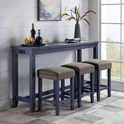 Brand New Antique Blue Gray 4pc Counter Height Dining Table Set Built-in USB & Power Outlet 