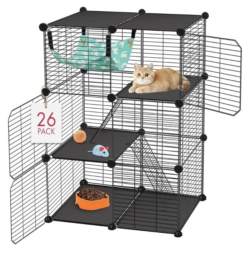 Cat Cage, 3-Tier DIY Catio Cat Enclosures, Cat Playpen Indoor & Outdoor with Hammock, Detachable Metal Wire Kennel Cats Crate, 2x1x3 Exercise Place fo