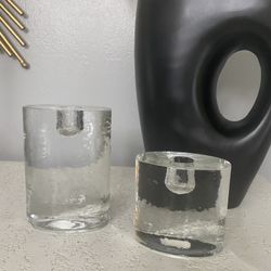 Two Crate And Barrel  Heavy Ice Taper Candle Holders 