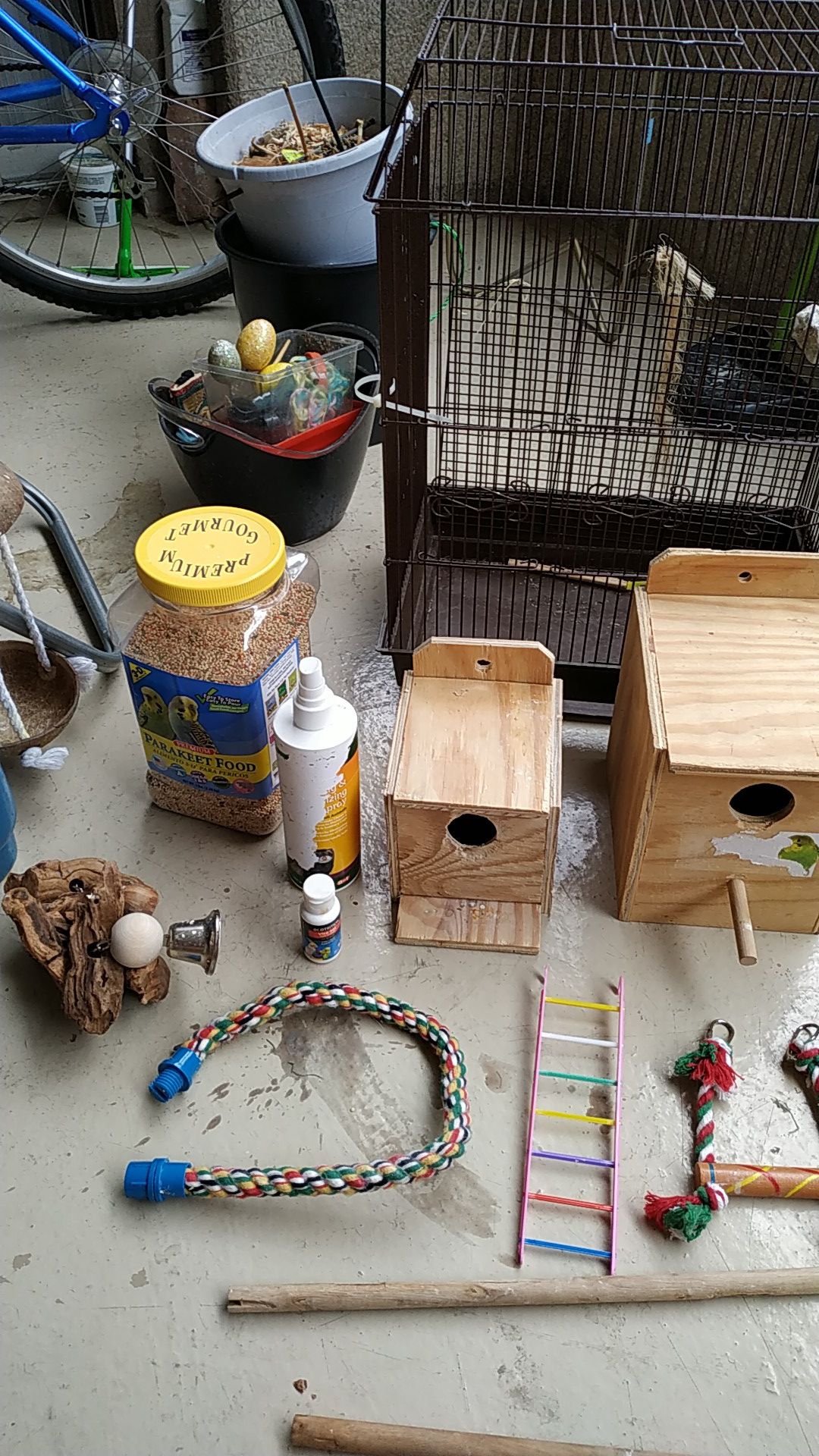 All for $20 parakeet/bird food , cage,toys,accessories, nesting boxes, swing etc