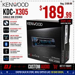 Kenwood Excelon KDC-X305 Single Din Car Stereo 13-Band Equalizer Bluetooth USB CD AM/FM Radio 🚨 Payment Options Available 🚨 No Credit Needed 🚨