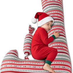 Long Body Pillow with Mini Candy Pillow - Full Size Hugging & Cuddle Bolster, Removable Red Christmas Print Cover, Adjustable Firmness, Machine Washab