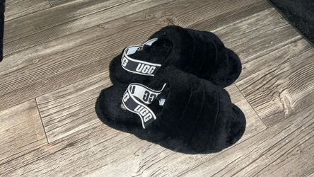 black fluffy ugg slides