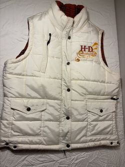 Vintage Harley Davidson White Quilted Puffer Vest Winged Back Embroidered Flawed Size L