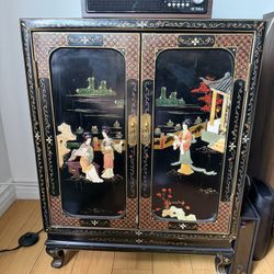 Vintage Black Lacquer Hand Painted Two Door Cabinet ~ Mother of Pearl