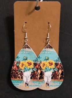 NEW Western Cowgirl Boho Cow Theme Faux Leather Teardrop Dangle Earrings