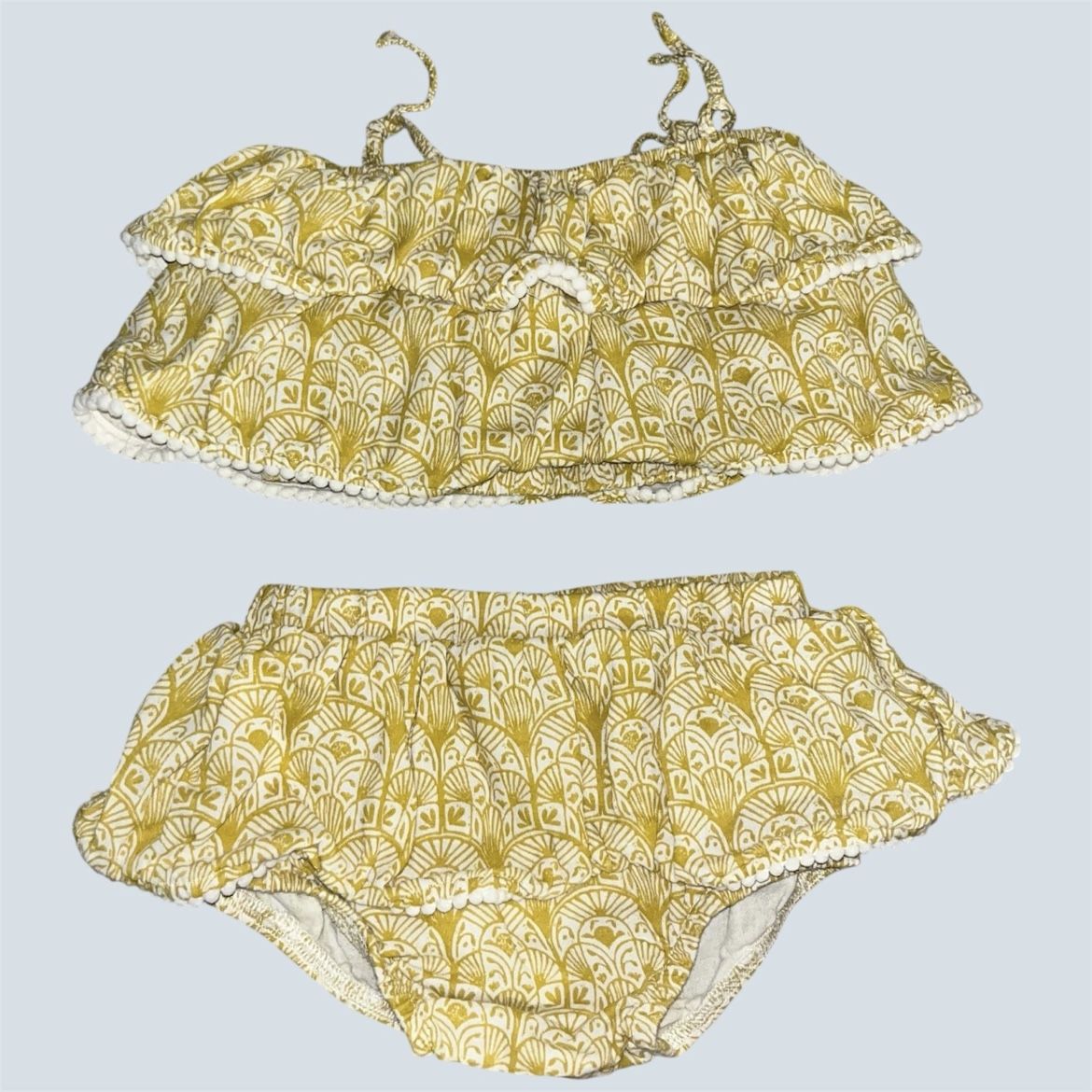 Kate Quinn Sun Suit Size 2T yellow ruffle Pom Pom bikini swim set, 100% organic cotton Open to offers in euc