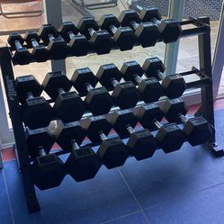 Brand New In Box 5-50 Lb Rubber Coated Hex Dumbbell Set With 3- Tier Rack