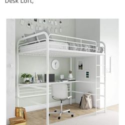 DHP Bed, Full Size Frame, Metal/White Desk Loft,