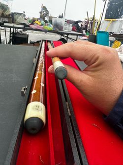 Vintage 19oz Pool Cue Stick Ornate Carved Wood Inlay Billiards Cue w/ Hard Case