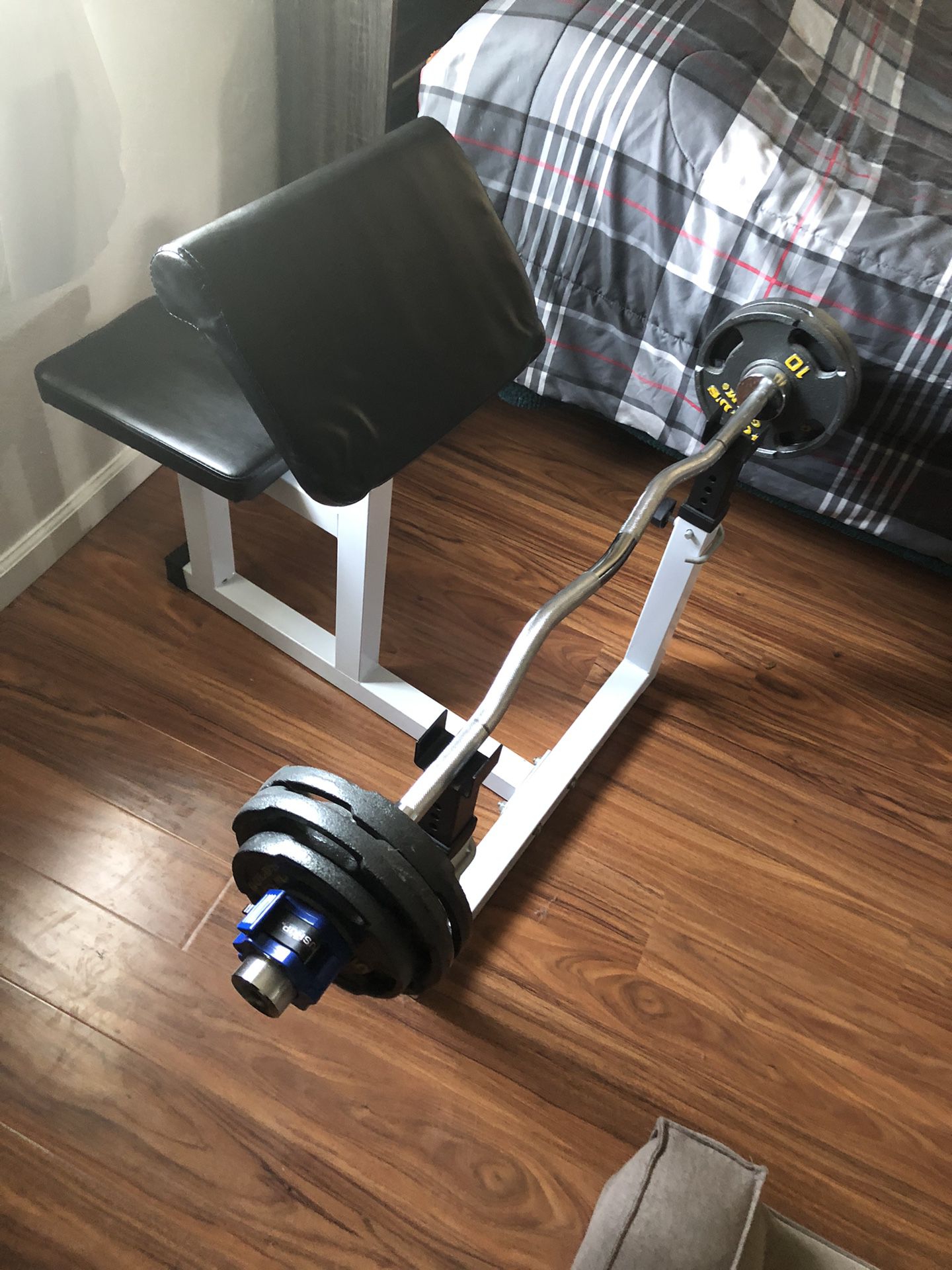 Preacher Curl Bench With Curl Bar And 50 Lb Weight Set
