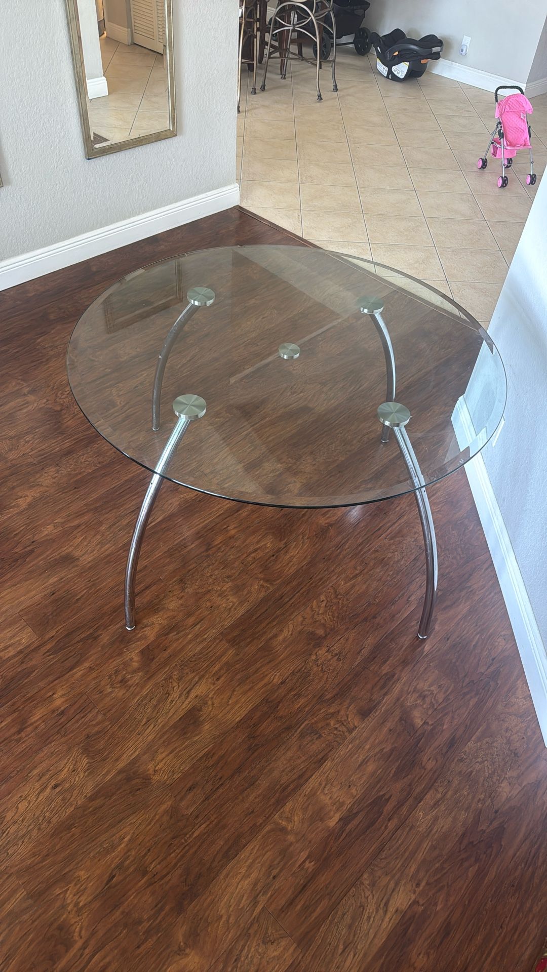 Glass Table With Stainless Steel Legs,  4ft Diameter