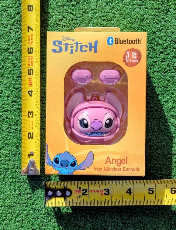Disney Pink Stitch Bluetooth Wireless 10 hour Earbuds Angel Flip-The-Faces! NIB