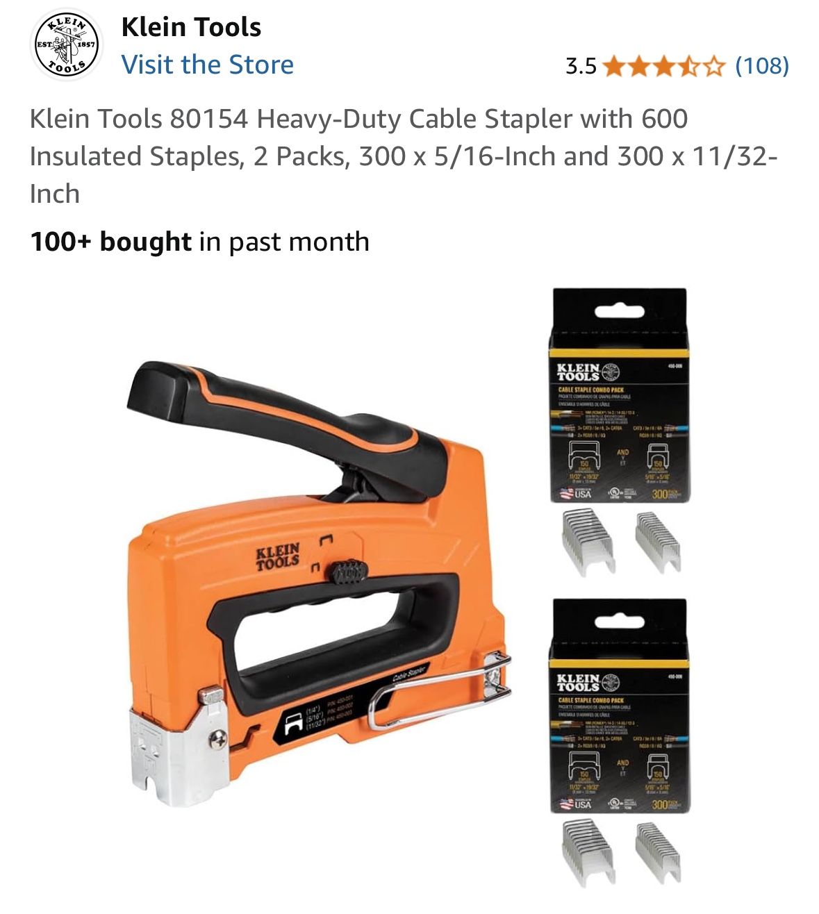 Klein Tools 80154 Heavy-Duty Cable Stapler with 600 Insulated Staples, 2 Packs, 300 x 5/16-Inch and 300 x 11/32-Inch