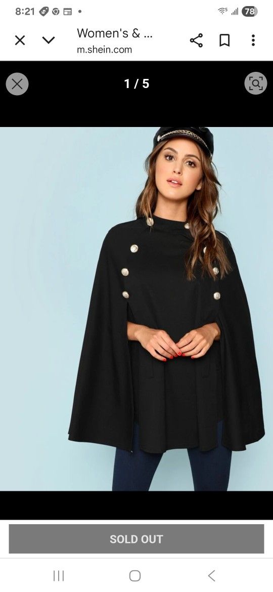 NEW Gold Tone Button Mock Neck Poncho Coat Black