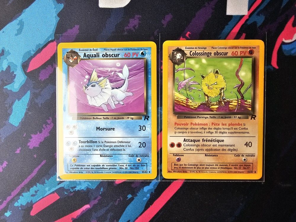 French Pokémon Card Aquali Obscur Nonholo LP 45/82 ( Dark Vaporeon ) & Colossinge Obscur 43/82 FRENCH Team Rocket 2000 Pokemon Card VLP-LP