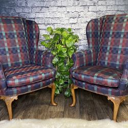 Vintage Baker Furniture Upholstery Wingback Chairs Plaid Blue Red Purple Mid Century Pair Set Of 2