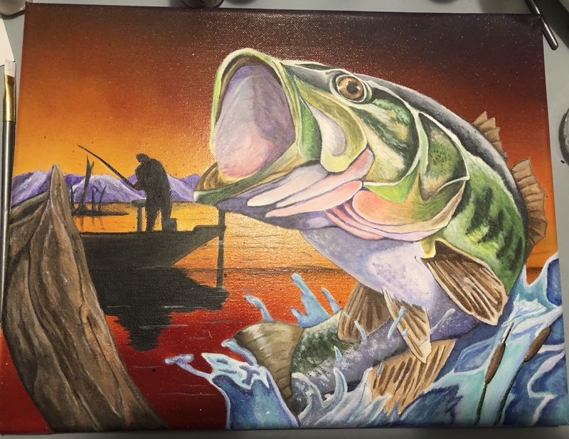 Bass fishing spray paint art and acrylic