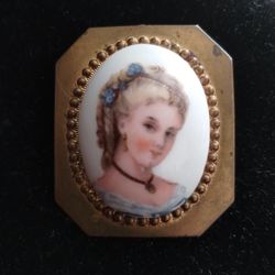 Vintage Limoges France Porcelain Portrait Oval Plaque Woman Brooch Pendant