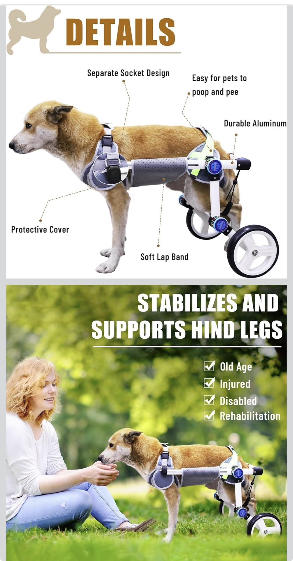 Dog Wheelchair, Adjustable Dog Wheelchair for Back Legs, Stable Dog Cart for Disabled Hind Legs, Help Small Pets with Paralyzed Hind Legs Regain Mobil