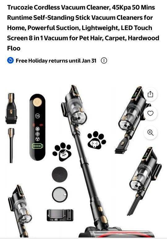 Trucozie Cordless Vacuum Cleaner, 45Kpa 50 Mins Runtime Self-Standing Stick Vacuum Cleaners for Home, Powerful Suction, Lightweight, LED Touch Screen 