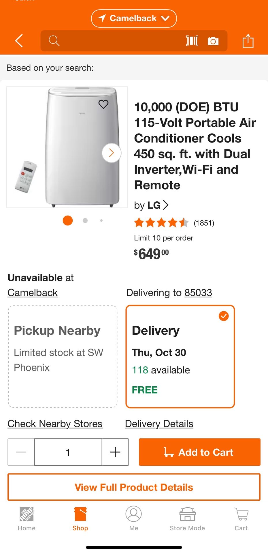 10,000 (DOE) BTU 115-Volt Portable Air Conditioner Cools 450 sq. ft. with Dual Inverter,Wi-Fi and Remote