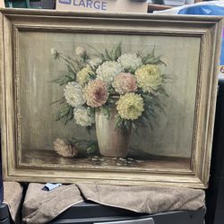 Grace manners Signature And Named “Assorted Mums” Original In Frame Vintage 1950’s Oil On Canvas Painting
