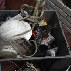 Large Box Of Random Tools, Saw, Pry Tool, Truck Straps, Extension Cord, Hard Hat, Drills, 