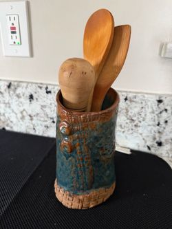 Rough and Beautiful Art Studio Brown & Blue Textured Spiral Design Pottery Vase