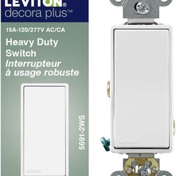 Leviton 15 Amp, 120/277 Volt, Decora Plus Rocker Single-Pole AC Quiet Switch, Commercial Grade, 5691-2W, White