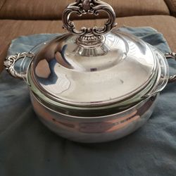 Vintage ENGLISH SILVER Mfg Corp Serving Bowl/Dish with original PYREX insert w/ Lid USA MADE* Buffums 